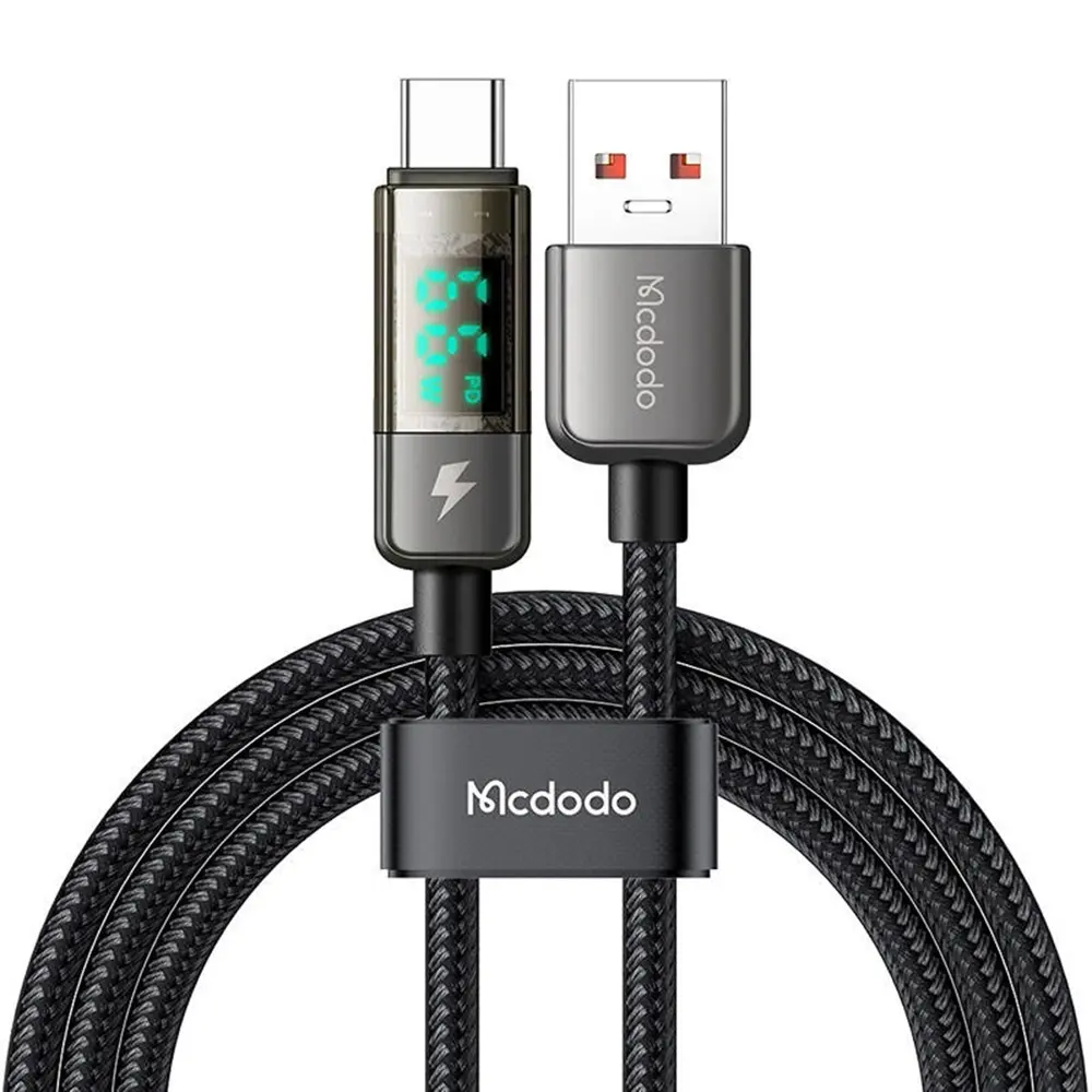 Mcdodo – datový kabel (CA-3630) – USB-C na USB-A, 6A s digitálním displejem, automatické vypnutí, transparentní design, 1,2 m – černý