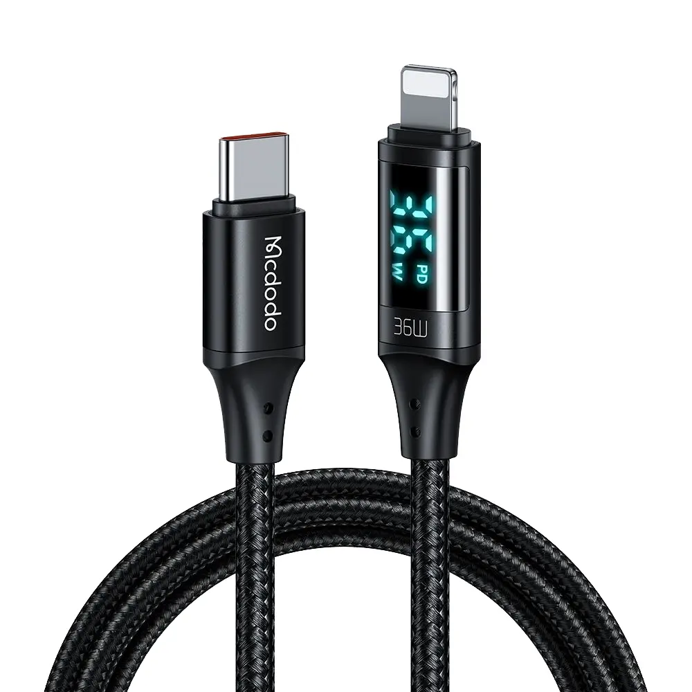 Mcdodo – datový kabel (CA-1030) – USB-C na lightning, s digitálním displejem, nylonový oplet, hliníková slitina, 36W, 1,2m – černý