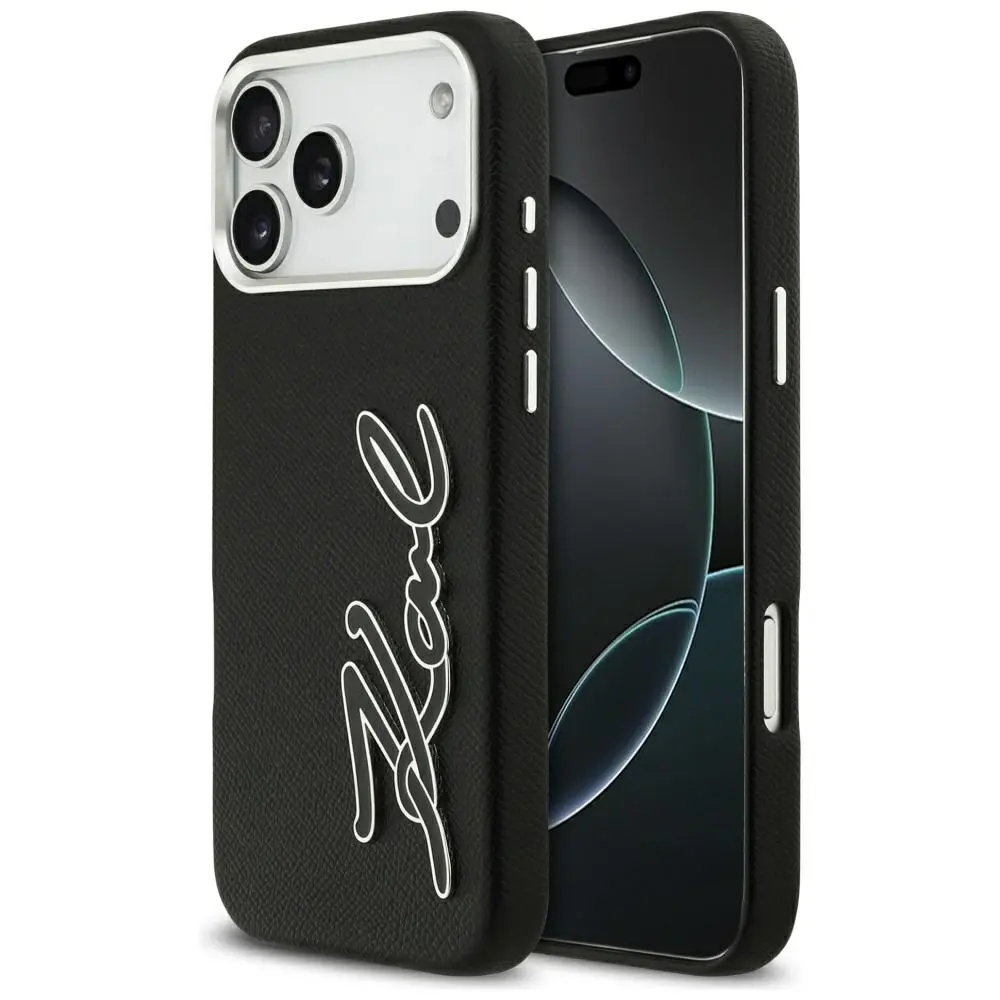 Karl Lagerfeld - pevné pouzdro FW zrnitá kůže s logem Signature (KLHCP17XPGFKSRSK) - iPhone 17 Pro Max - černé