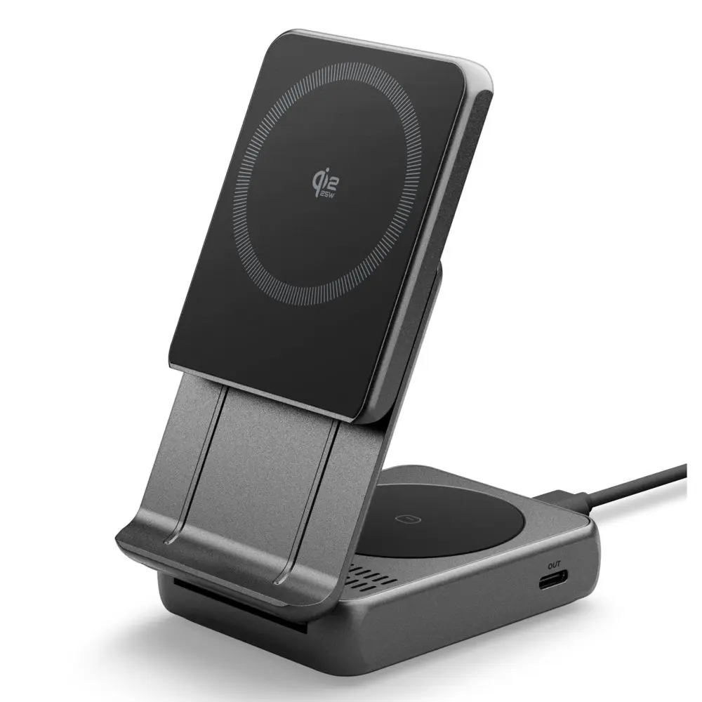 Spigen – bezdrátová nabíjecí stanice Essential (EF302MOQ) – MagSafe, rychlé nabíjení, Qi2.2, Type-C, 3v1, skládací, 25W – šedá