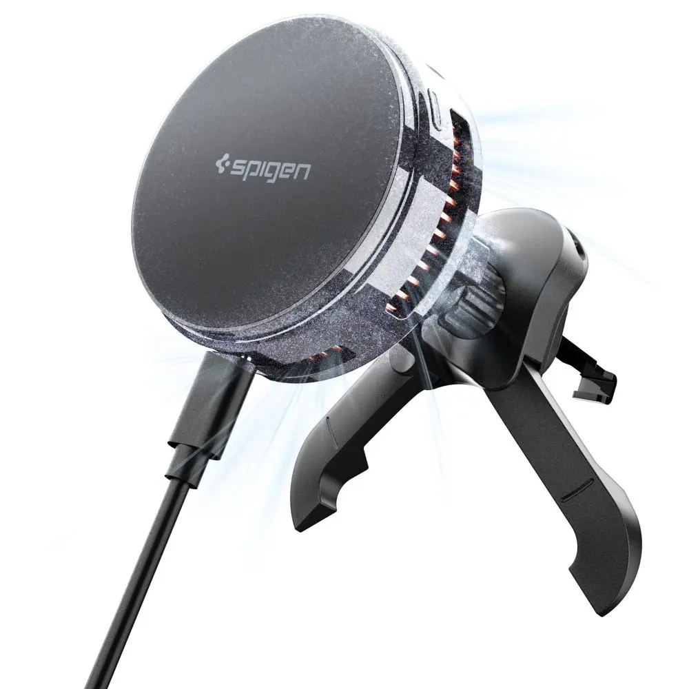 Spigen – držák do auta s bezdrátovým nabíjením Essential (EV25MFAQ) – MagSafe, rychlé nabíjení, Qi2.2, do ventilační mřížky, 25W – černý