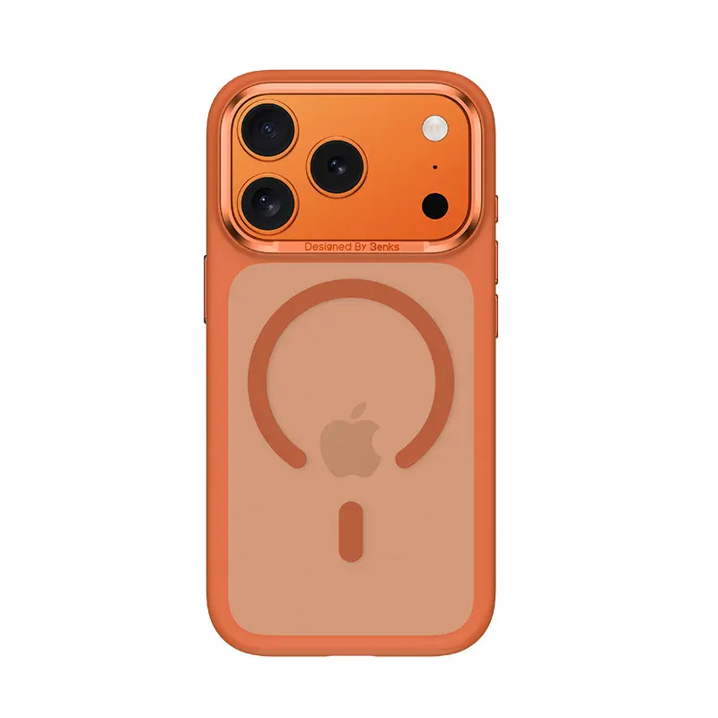Magnetické kouřové pouzdro s kovovým rámem Benks pro iPhone 17 Pro (s tlačítkem pro ovládání fotoaparátu), oranžové