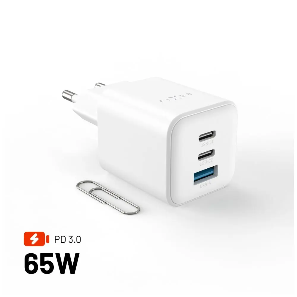 Síťová GaN nabíječka FIXED Mini s 2xUSB-C a USB výstupem, podpora PD, 65W, bílá