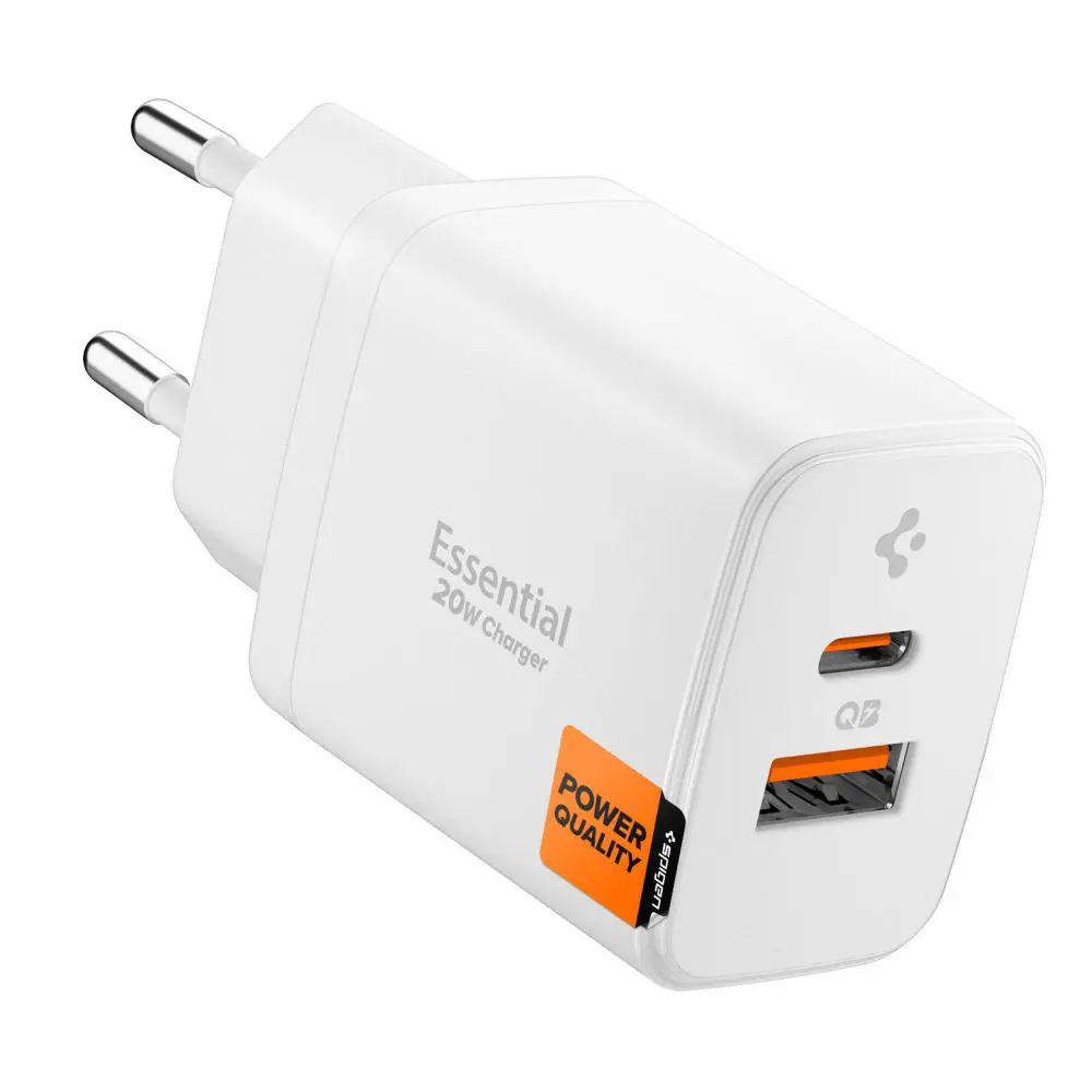 Spigen – nástěnná nabíječka Essential (EE202EU) – USB, Type-C, rychlé nabíjení, Quantum Boost, 20W – bílá