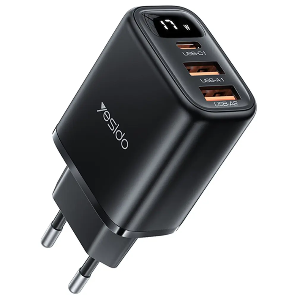 Yesido - nástěnná nabíječka (YC67) - s digitálním displejem, rychlé nabíjení, pro telefon, tablet, 3v1, 2x USB, Type-C, 17W - černá