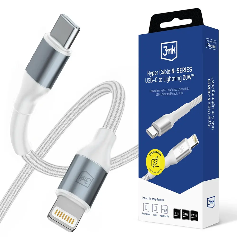 3mk - datový kabel Hyper N-Series - Type-C na Lightning, 20W, 9V/2A, 1m - bílý