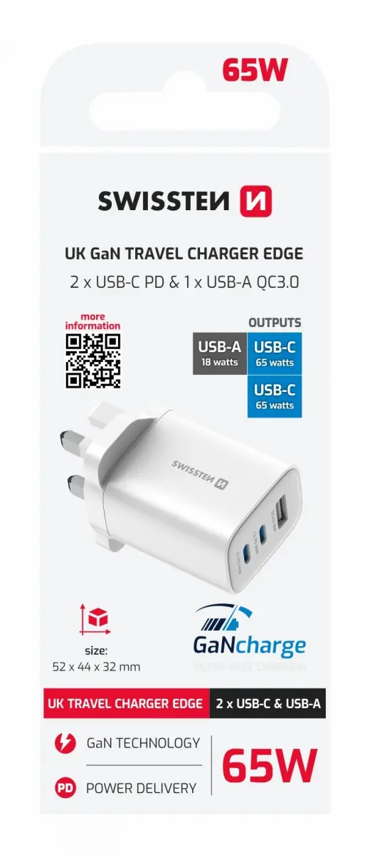 Adaptér Swissten Edge Gan 2x USB-C PD 65W + 1x USB-A 18W QC, pro uk zásuvku bílý