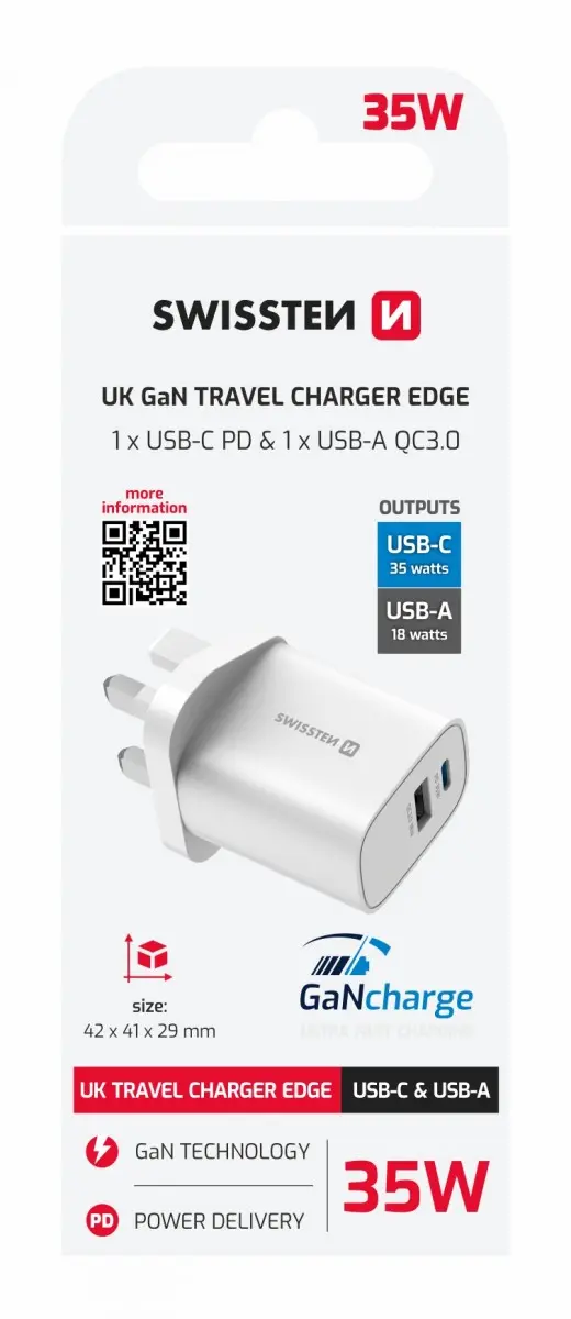 Adaptér Swissten Edge Gan 1x USB-C PD 35W + 1x USB-A 18W QC, pro uk zásuvku bílý