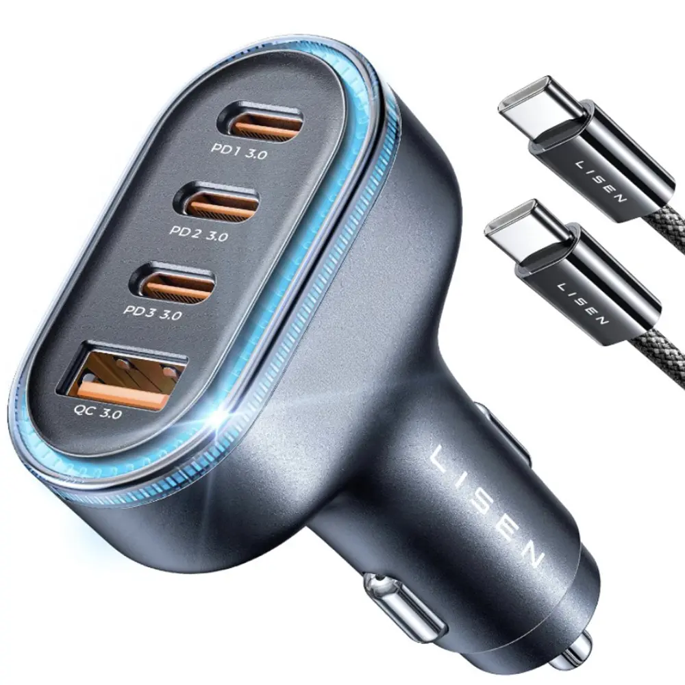 Lisen - nabíječka do auta (YL0223120021) - s kabelem Type-C, USB, 3x Type-C, 101 W, rychlé nabíjení, 12–24 V - černá