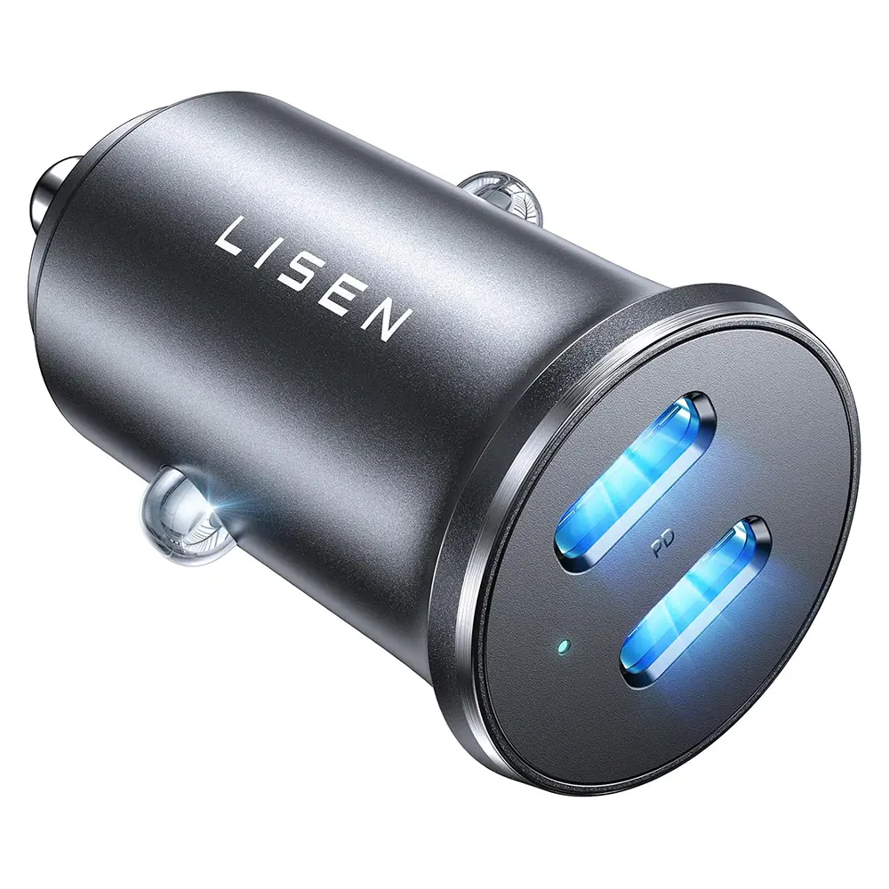 Lisen - nabíječka do auta (YL0223080007), duální USB-C, 2x 45 W, 12/24 V, hliníková slitina, černá