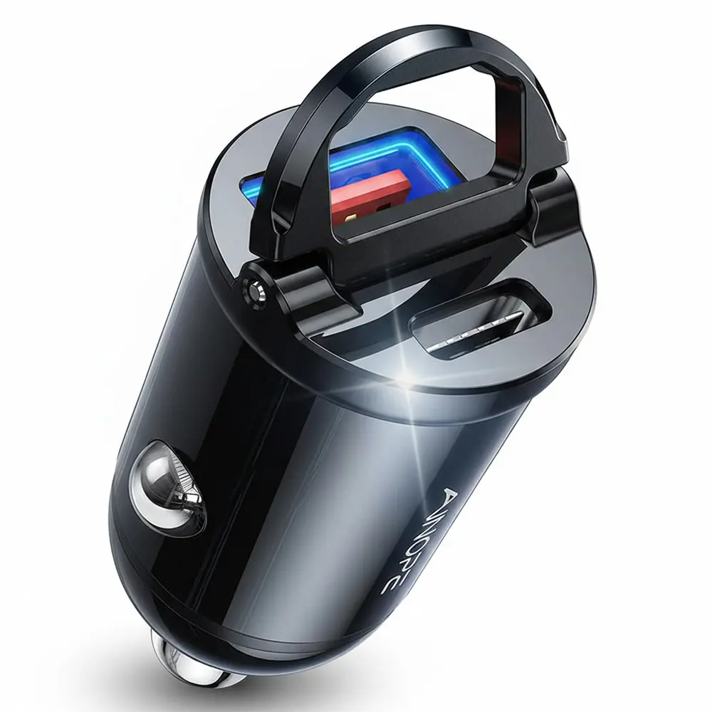 Ainope - nabíječka do auta (YA0222080015) - USB, Type-C, PD30W, s vytahovacím kroužkem, hliníková slitina, 12V/24V - černá