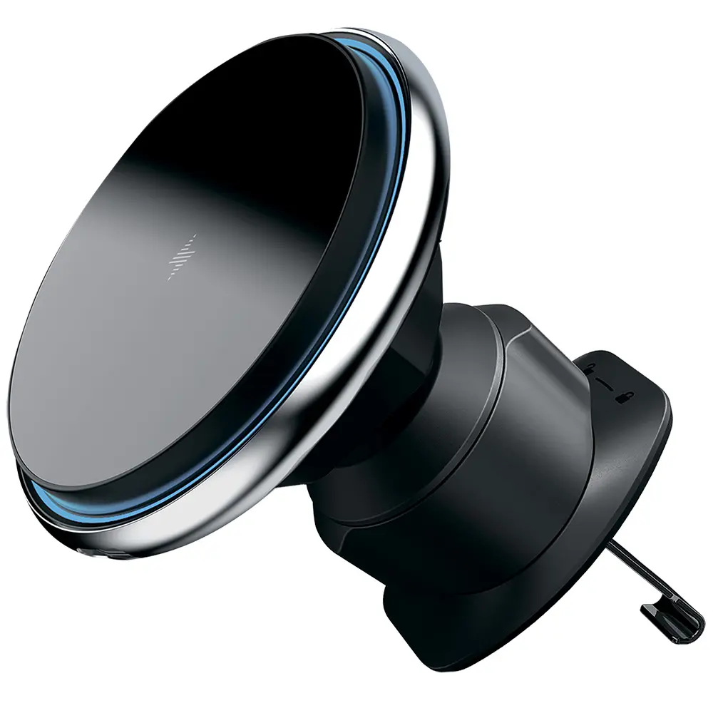 Proove - držák do auta s bezdrátovým nabíjením Magic Circle (WHMC15020006) - do mřížky ventilace, magnetický, slitina zinku, 15 W - stříbrný