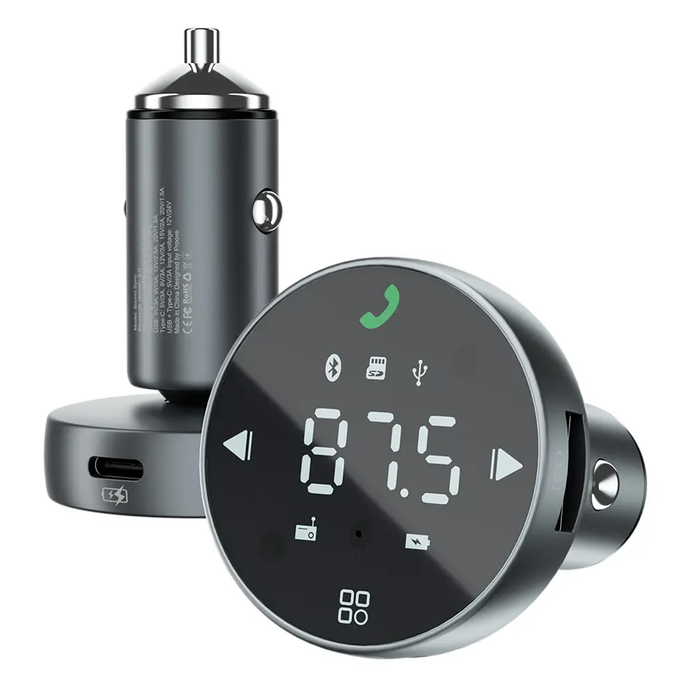 Proove - nabíječka do auta s FM modulátorem (FMSS30110003) - s dotykovým displejem, USB, Type-C, U-Disk, TF, Bluetooth 5.0, 30W - šedá