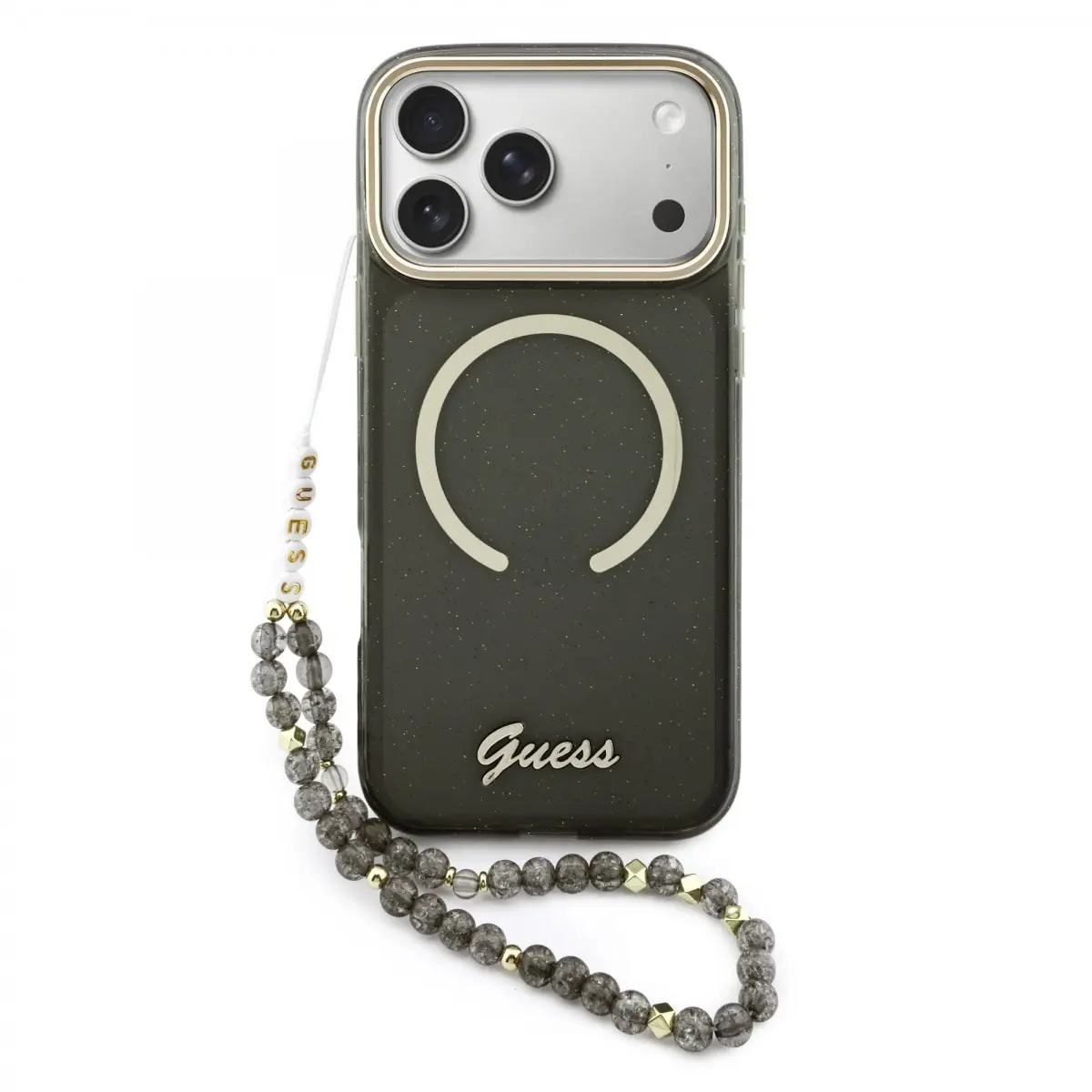 Zadní kryt Guess IML Glitter Script Strap MagSafe pro iPhone 17 Pro Max Black