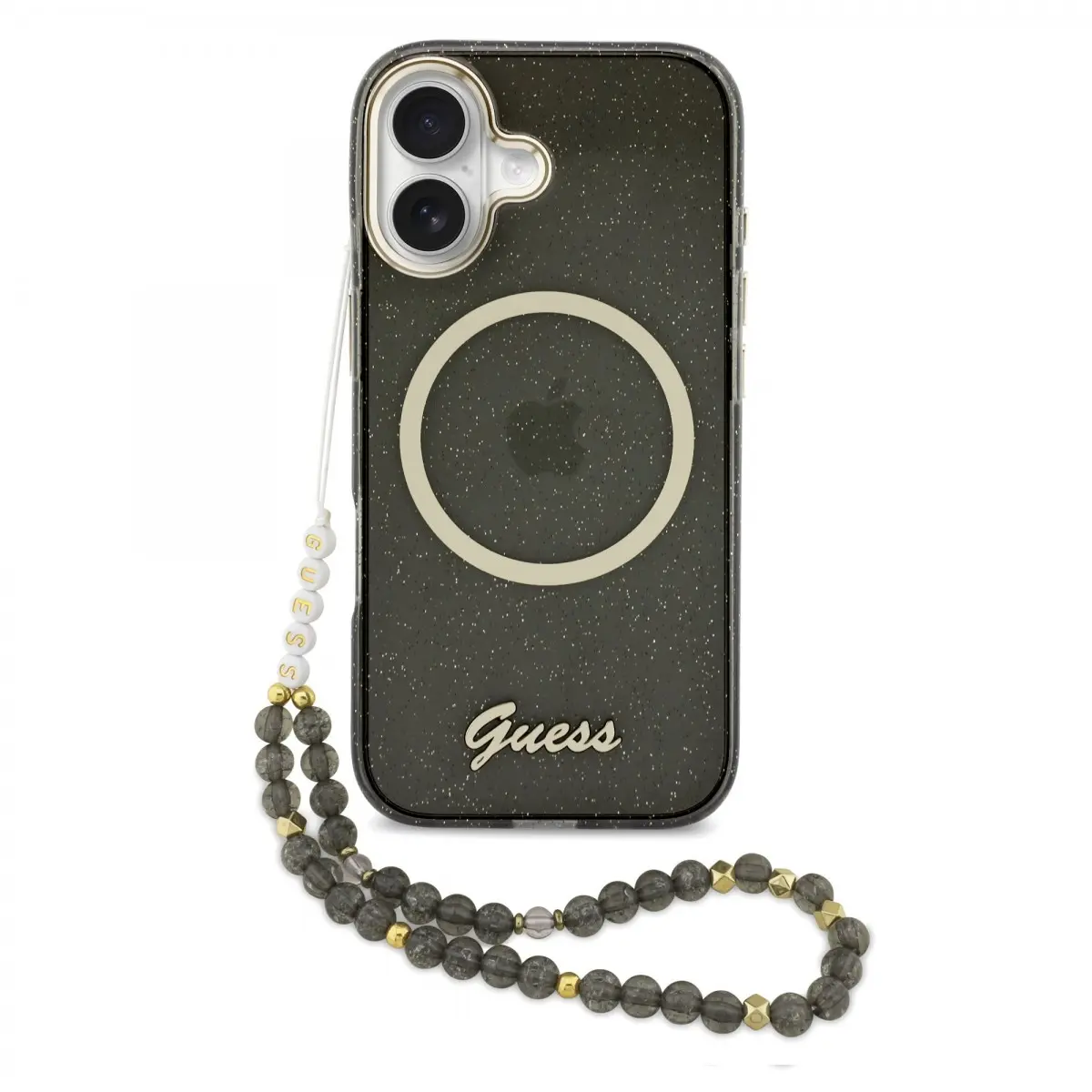 Zadní kryt Guess IML Glitter Script Strap MagSafe pro iPhone 17 Black