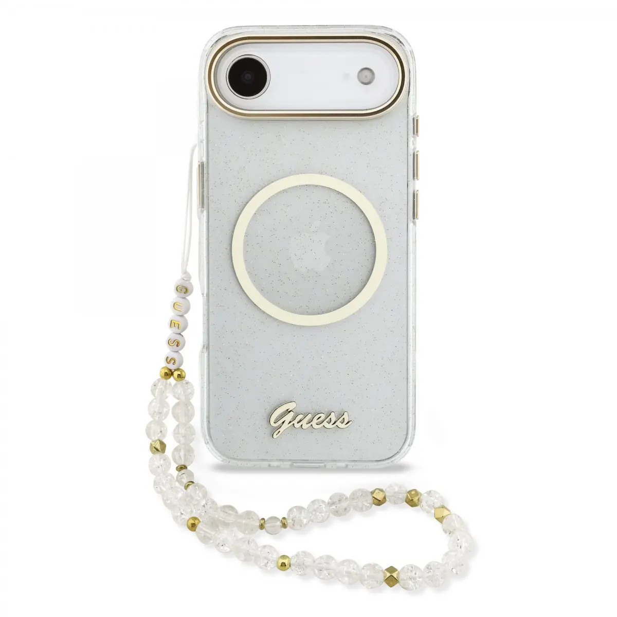 Zadní kryt Guess IML Glitter Script Strap MagSafe pro iPhone Air Transparent