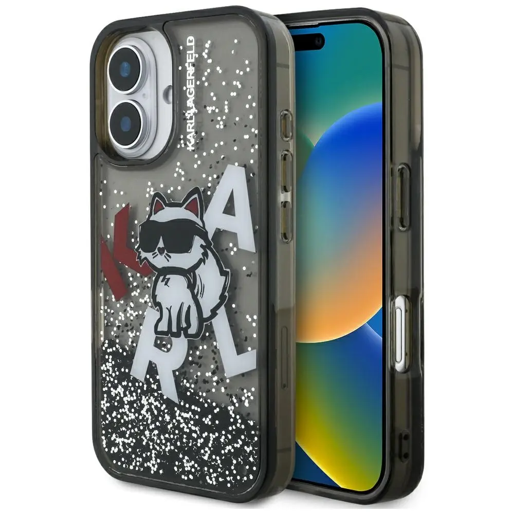 Zadní kryt Karl Lagerfeld Liquid Glitter Scattered Choupette pro iPhone 16 Black