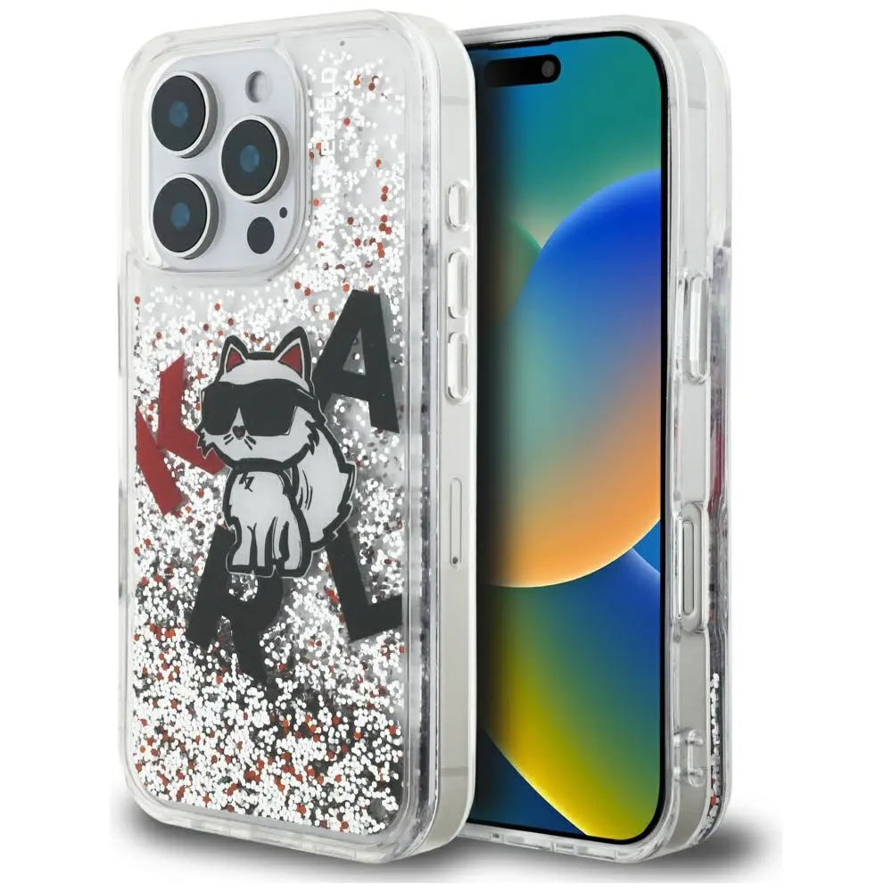 Karl Lagerfeld - tekuté třpytky logo Choupette MagSafe (KLHCP16XLCHSCTDT) pro iPhone 16 Pro Max - průhledný