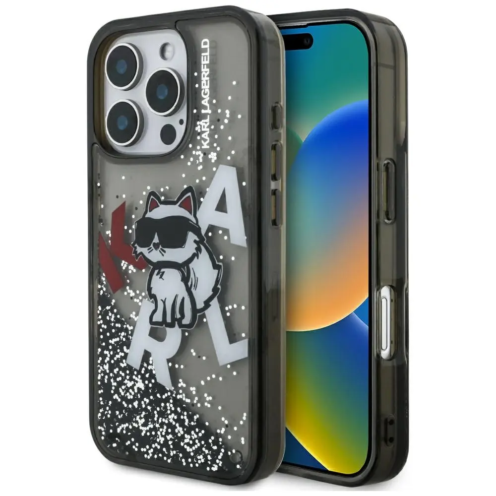 Karl Lagerfeld - tekuté třpytky s logem Choupette MagSafe (KLHCP16XLCHSCTDK) - iPhone 16 Pro Max - černá
