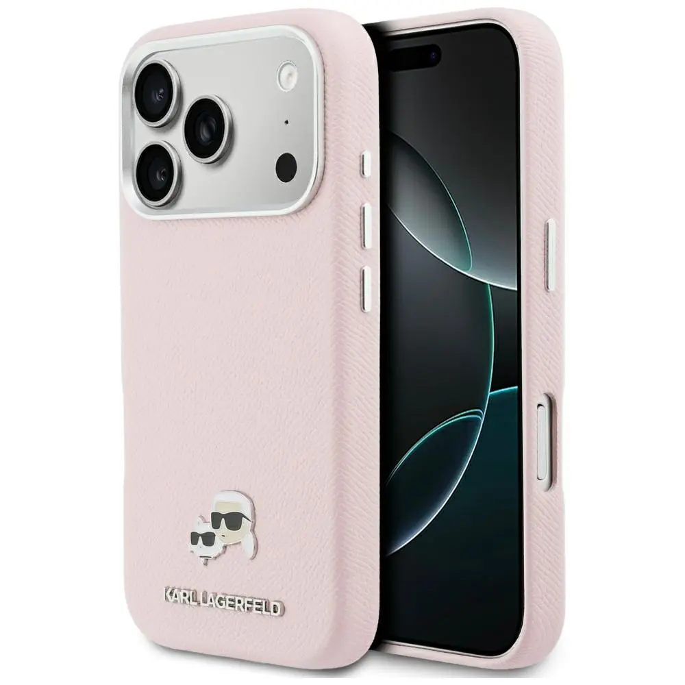 Karl Lagerfeld - pevné kožené pouzdro K&amp;C Head Pin MagSafe (KLHMP17L6PFKCLP) pro iPhone 17 Pro - růžová