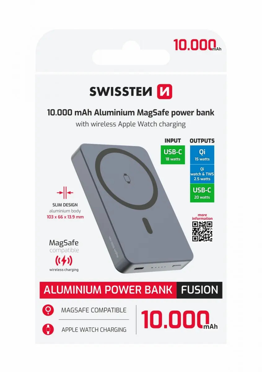 Powerbank Swissten Fusion 10000 mAh s nabíjením Apple Watch (kompatibilní s magsafe) stříbrná