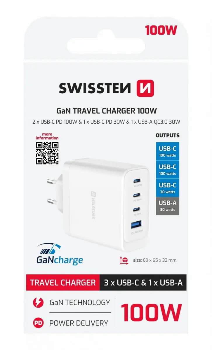 Adaptér Swissten Gan 2x USB-C PD 100W + 1x USB-C PD 20W + 1x USB-A QC 30W QC bílý