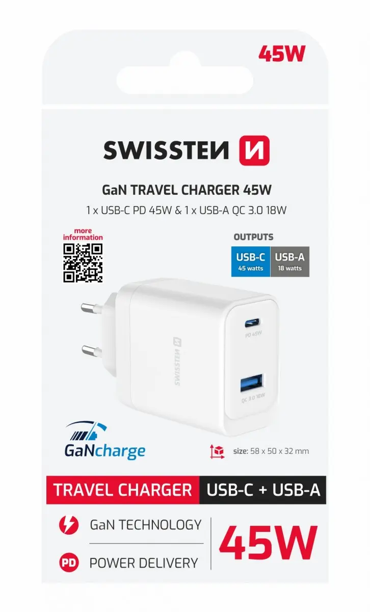 Adaptér Swissten Gan 1x USB-C 45W PD + 1x USB-A 18W QC bílý