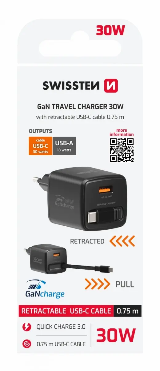 Adaptér Swissten Slidecharge Gan 30W, 1x USB-A 18W se zatahovacím USB-C kabelem 0.75 m černý