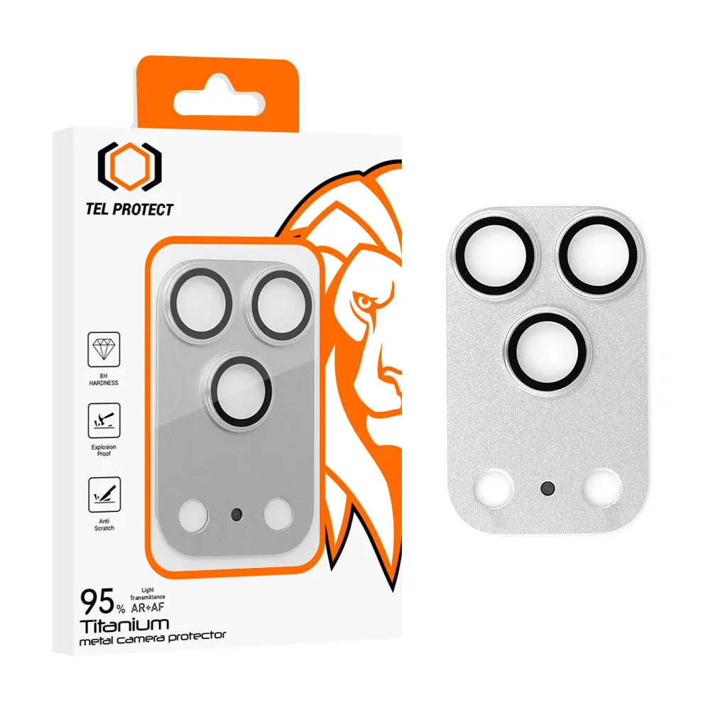 Tvrzené sklo Tel Protect 95% AR+AF Full Metal Camera Protector na fotoaparát pro iPhone 17 Pro Max stříbrné