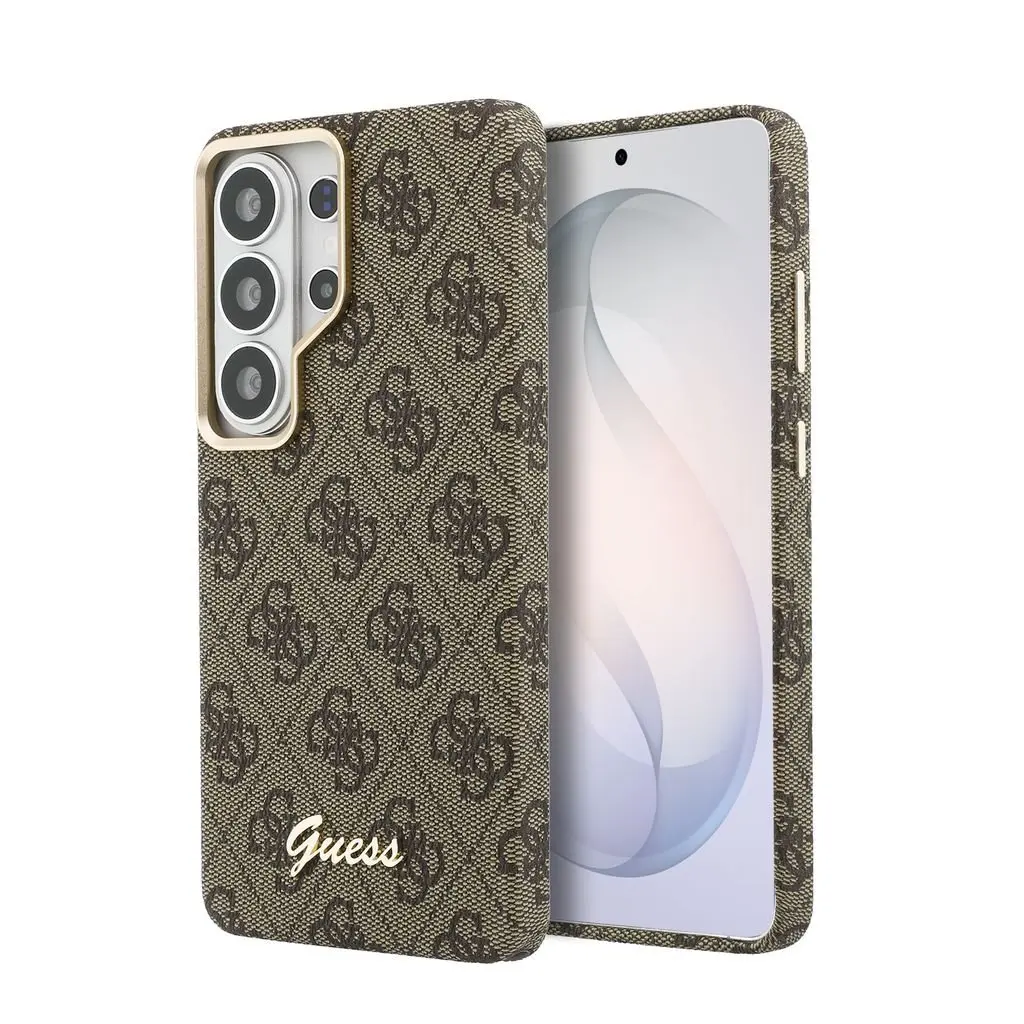 Zadní kryt Guess PU 4G Script Metal Logo Magnetic pro Samsung Galaxy S26 Ultra hnědý