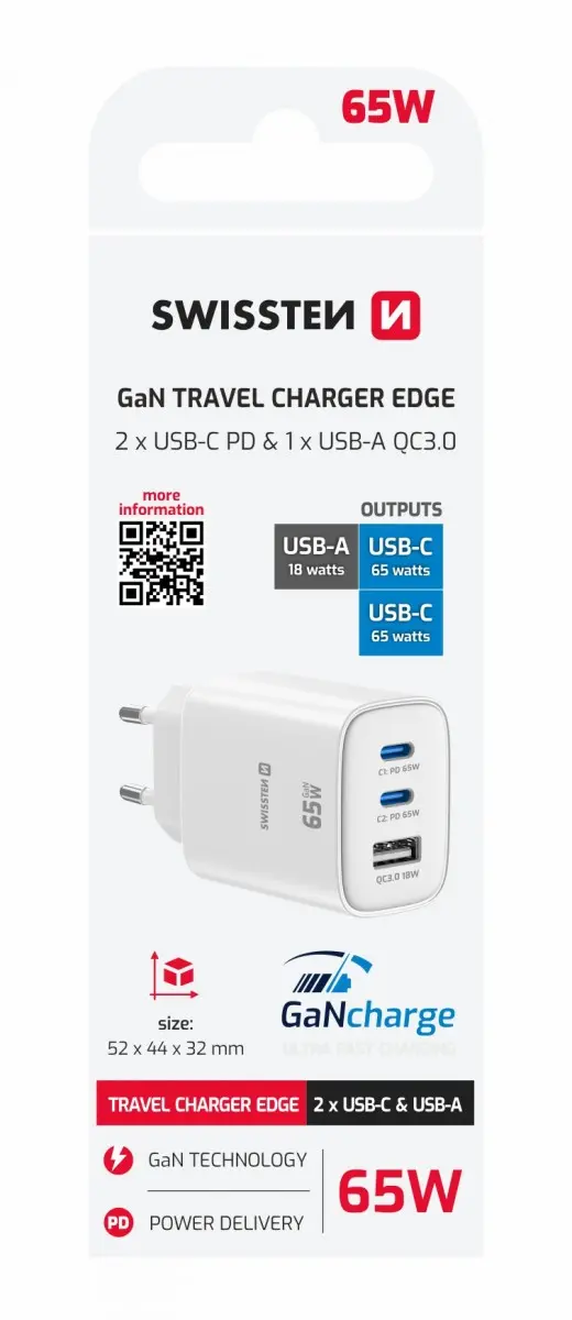 Adaptér Swissten Edge Gan 2x USB-C PD 65w + 1x USB-A 18W QC bílý
