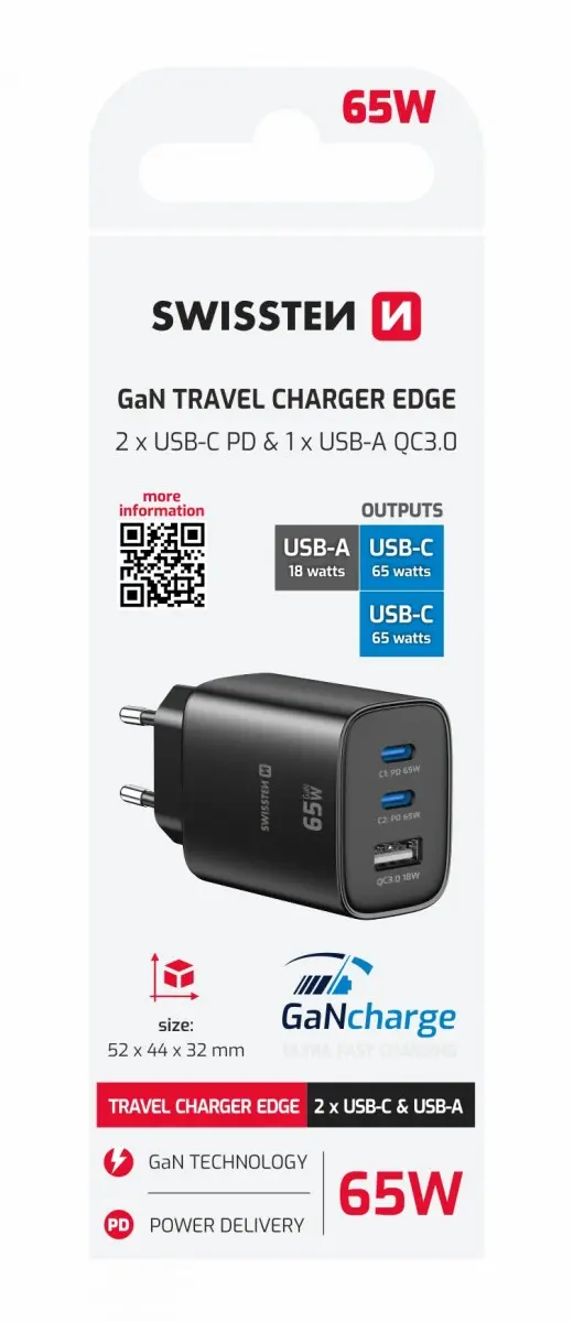 Adaptér Swissten Edge Gan 2x USB-C PD 65W + 1x USB-A 18W QC černý
