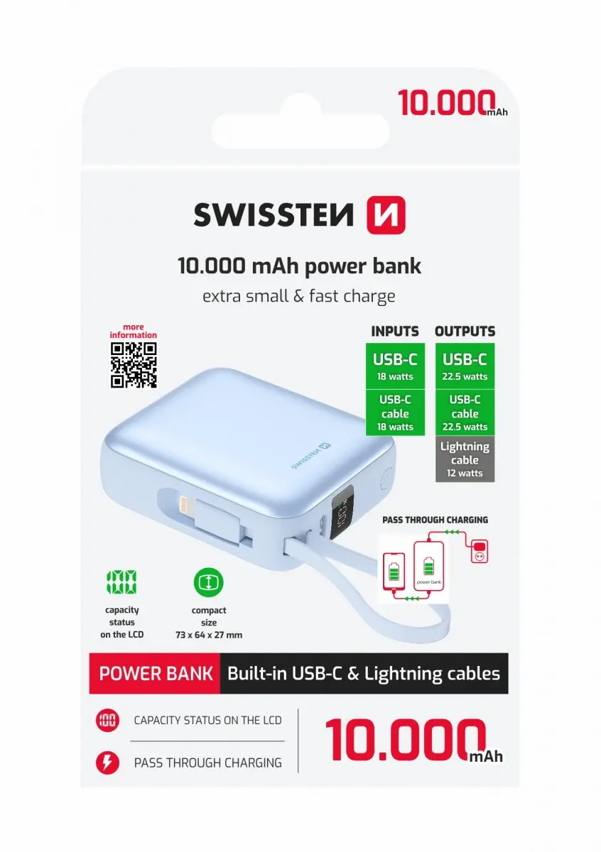 Powerbank Swissten Space 10000 mAh s integrovanými kabely usb-c a lightning modrá