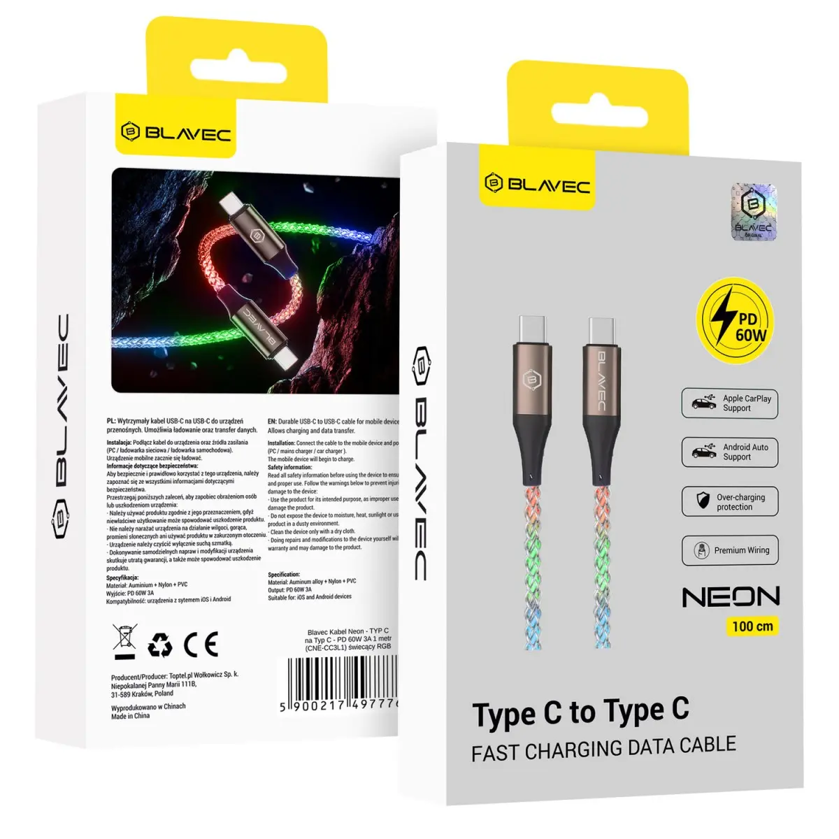 Blavec Neon svítící kabel USB-C na USB-C, PD 60W, 3A, 1 m, RGB