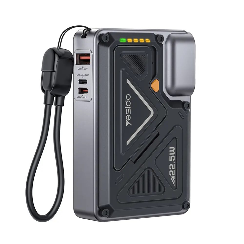 Yesido - Powerbanka (YP89) - Magnetická, Rychlé nabíjení, USB, Lightning, Type-C, Integrovaný stojánek, LED indikátory, 10000mAh, 22.5W - Šedá