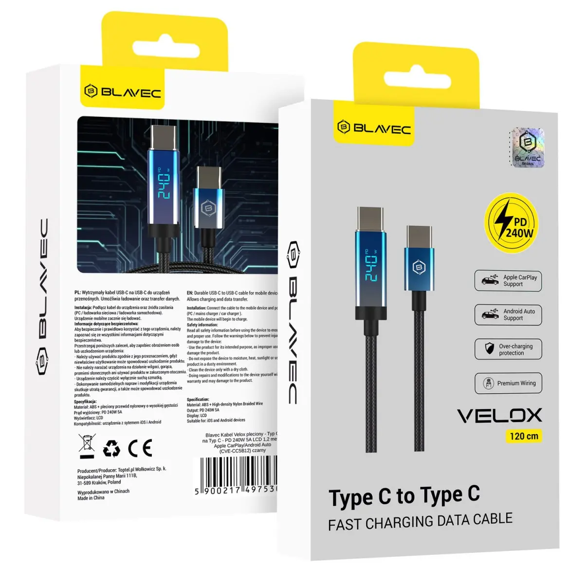 Opletený kabel Blavec Velox - Typ C na Typ C - PD 240W 5A s LED displejem 1,2 metru Apple CarPlay/Android Auto (CVE-CC5B12) černý