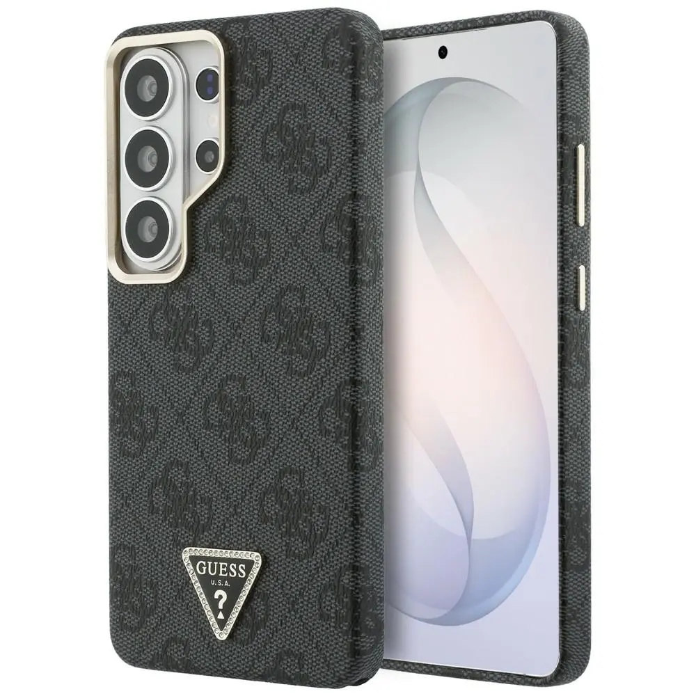 Zadní kryt Guess PU Leather 4G Strass Triangle Logo Gold Frame Magnetic pro Samsung Galaxy S26 Ultra černý