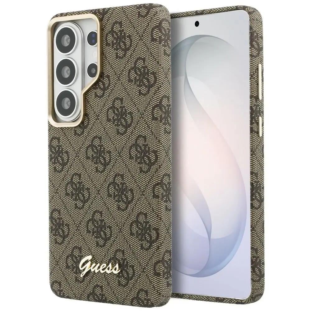 Zadní kryt Guess PU 4G Script Metal Logo Magnetic pro Samsung Galaxy S26 hnědý
