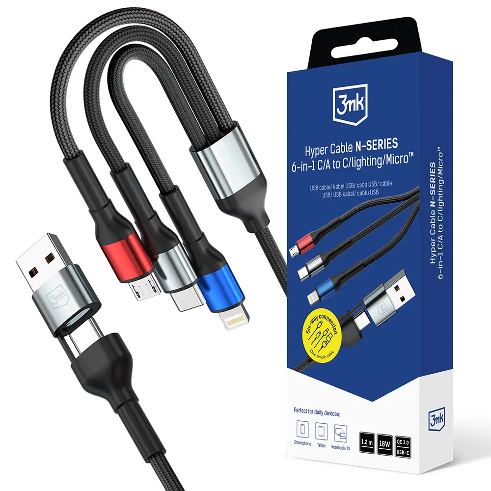 Kabel 3mk Data Cable Hyper N-Series 6in1 - USB-C/USB Male, USB-C Female to USB-C, Lightning, Micro, 18W, 9V/2A, 1.2m černý