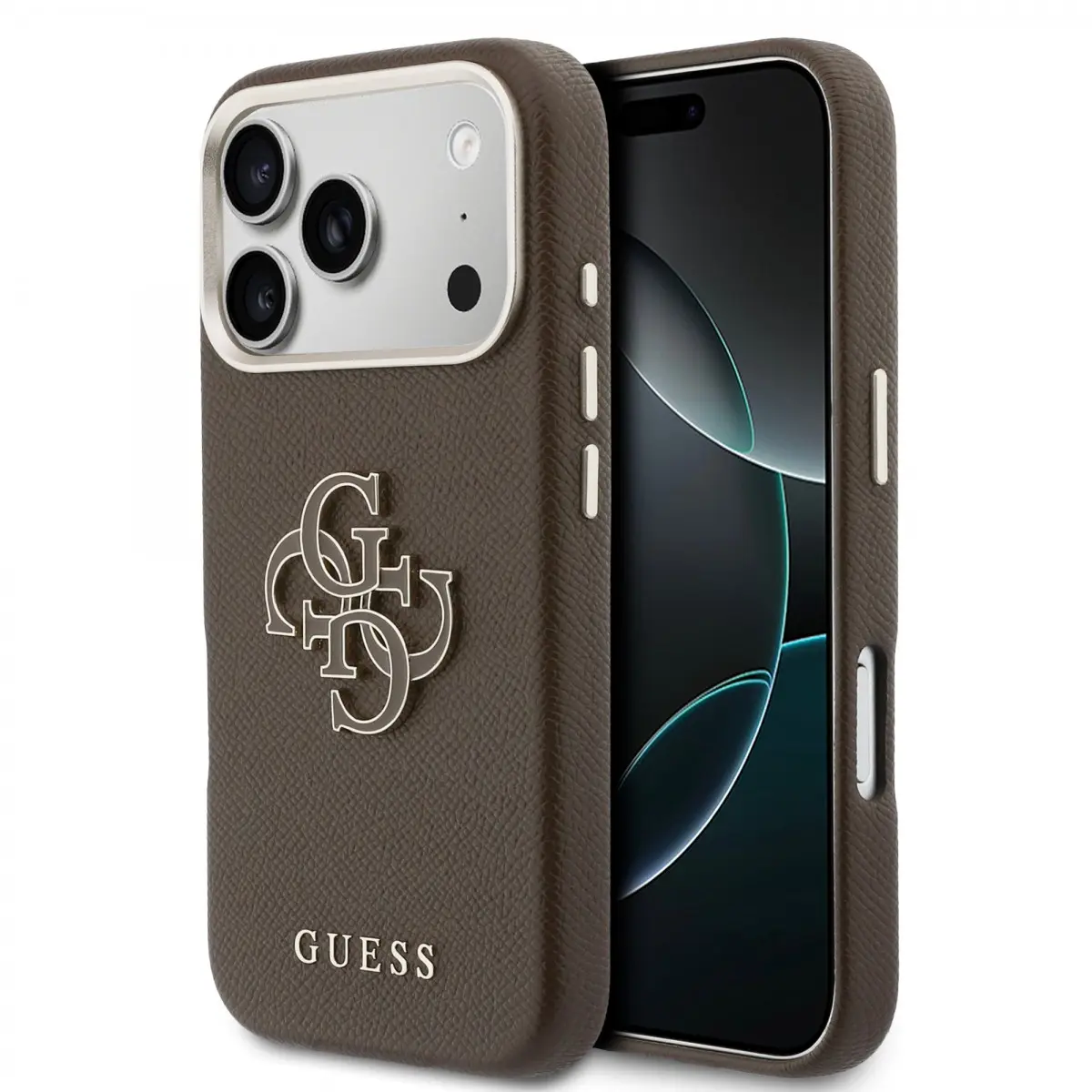 Guess PU Grained 4G Resin Metal Logo Zadní Kryt pro iPhone 17 Pro Max Brown GUHCP17X5PS4RGGW
