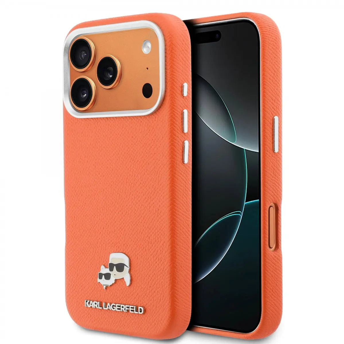 Karl Lagerfeld - Karl & Choupette Head Pin Saffiano MagSafe pouzdro pro iPhone 17 Pro - oranžové