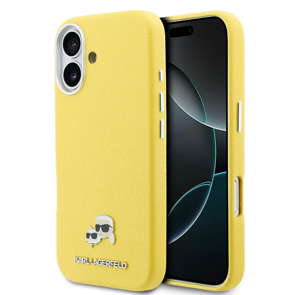 Zadní kryt Karl Lagerfeld PU Karl and Choupette Heads Pins MagSafe pro iPhone 17 žlutý