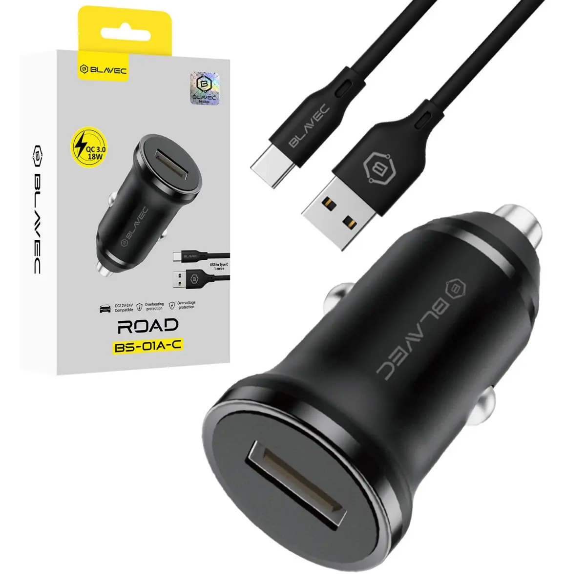 Rychlonabíječka do auta Blavec BS-01A-C Road 18W s kabelem USB-C černá