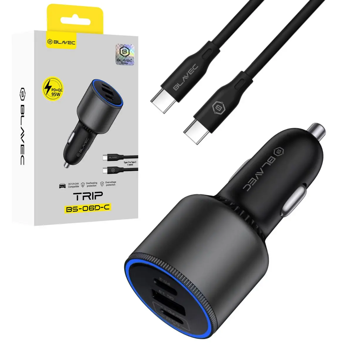 Rychlonabíječka do auta Blavec BS-06D-C Trip 95W s kabelem USB-C černá