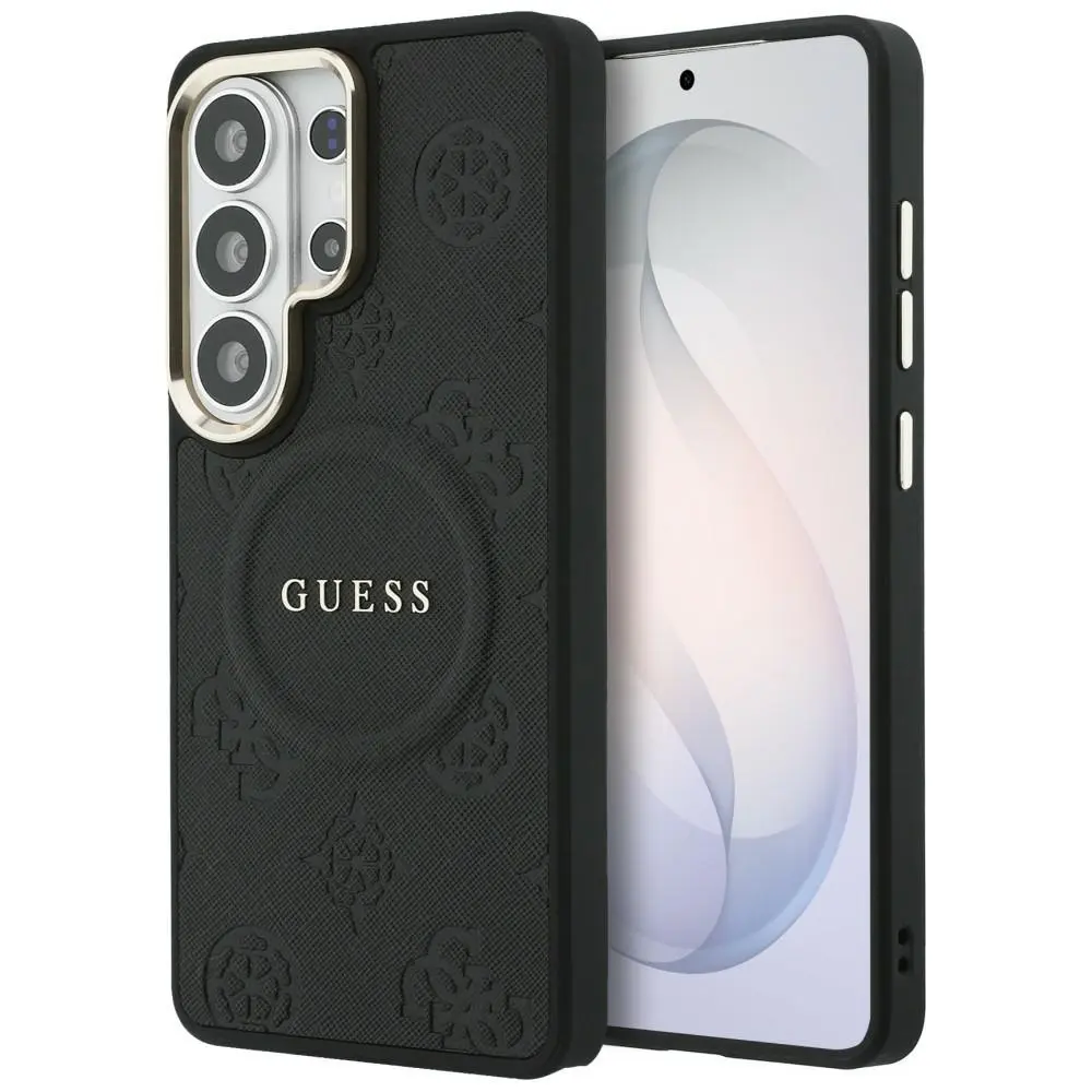 Kryt Guess Saffiano Peony Embossed Ring MagSafe pro Samsung Galaxy S26 Ultra černý