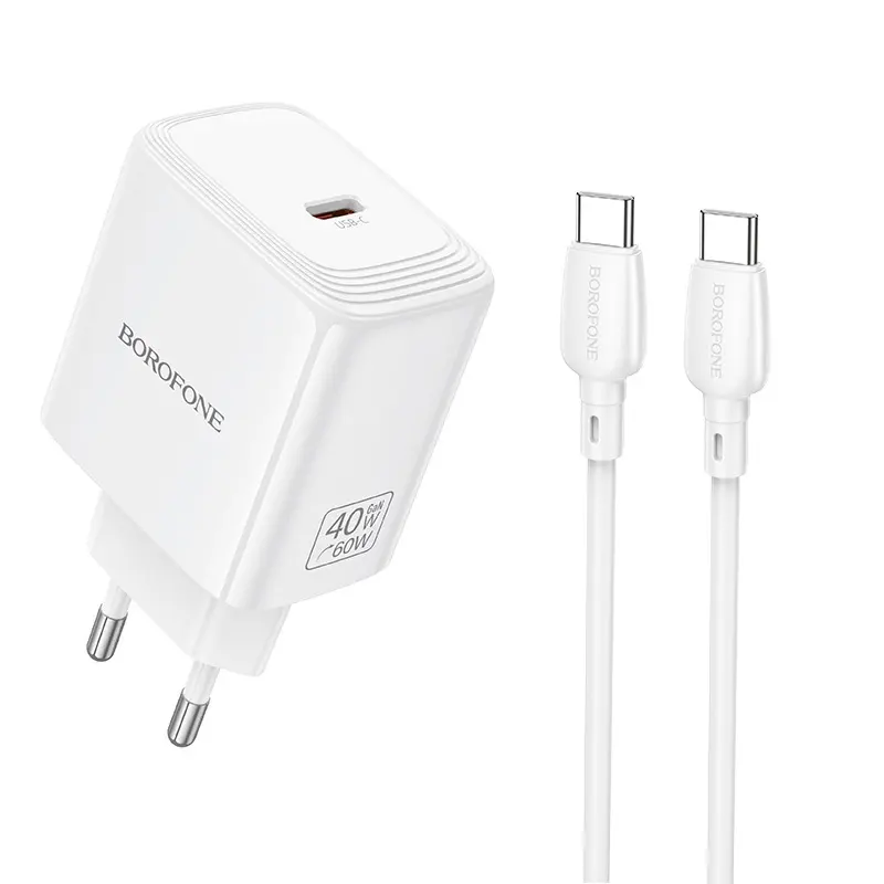 Síťová nabíječka Borofone BN33 Fuente GaN Typ C QC 3.0 PD 40W s kabelem USB-C na USB-C bílá