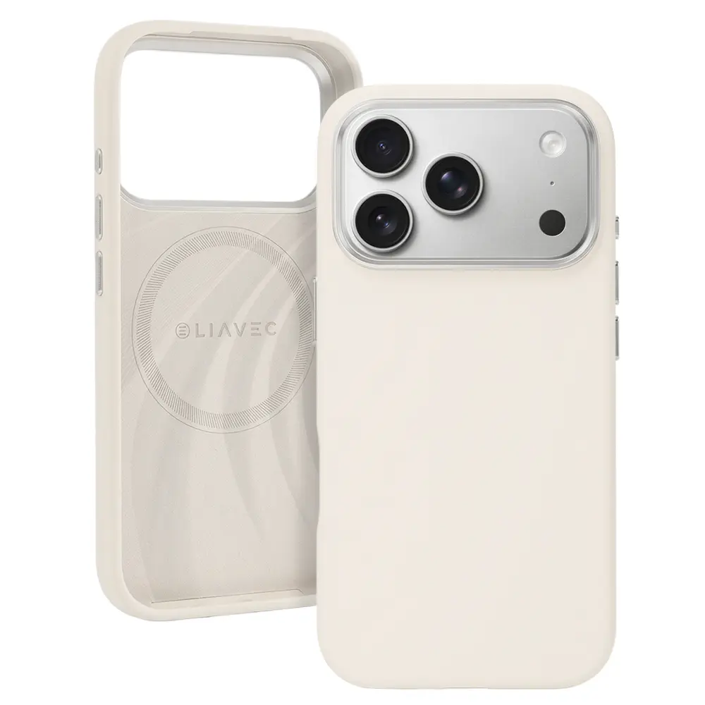 Silikonový kryt Liavec Silky s kovovým rámečkem fotoaparátu pro Apple iPhone 17 Pro Max béžový