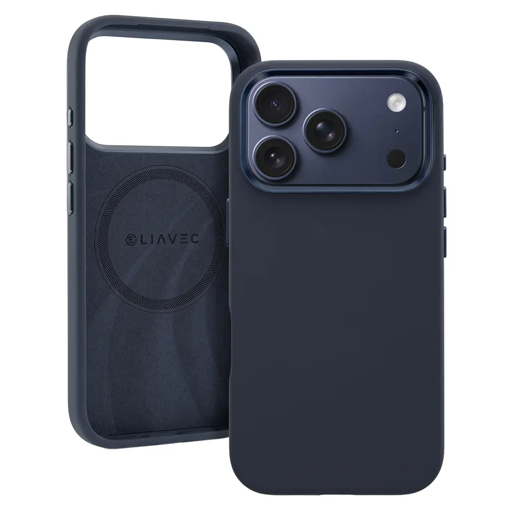 Silikonový kryt Liavec Silky s kovovým rámečkem fotoaparátu pro Apple iPhone 17 Pro Max námořnicky modrý