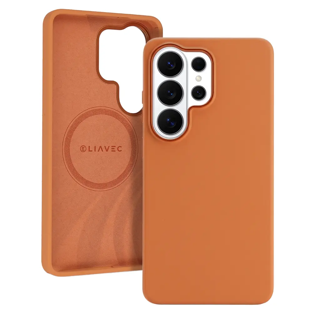 Silikonový kryt Liavec Silky s kovovým rámečkem fotoaparátu pro Samsung Galaxy S26 Ultra oranžový