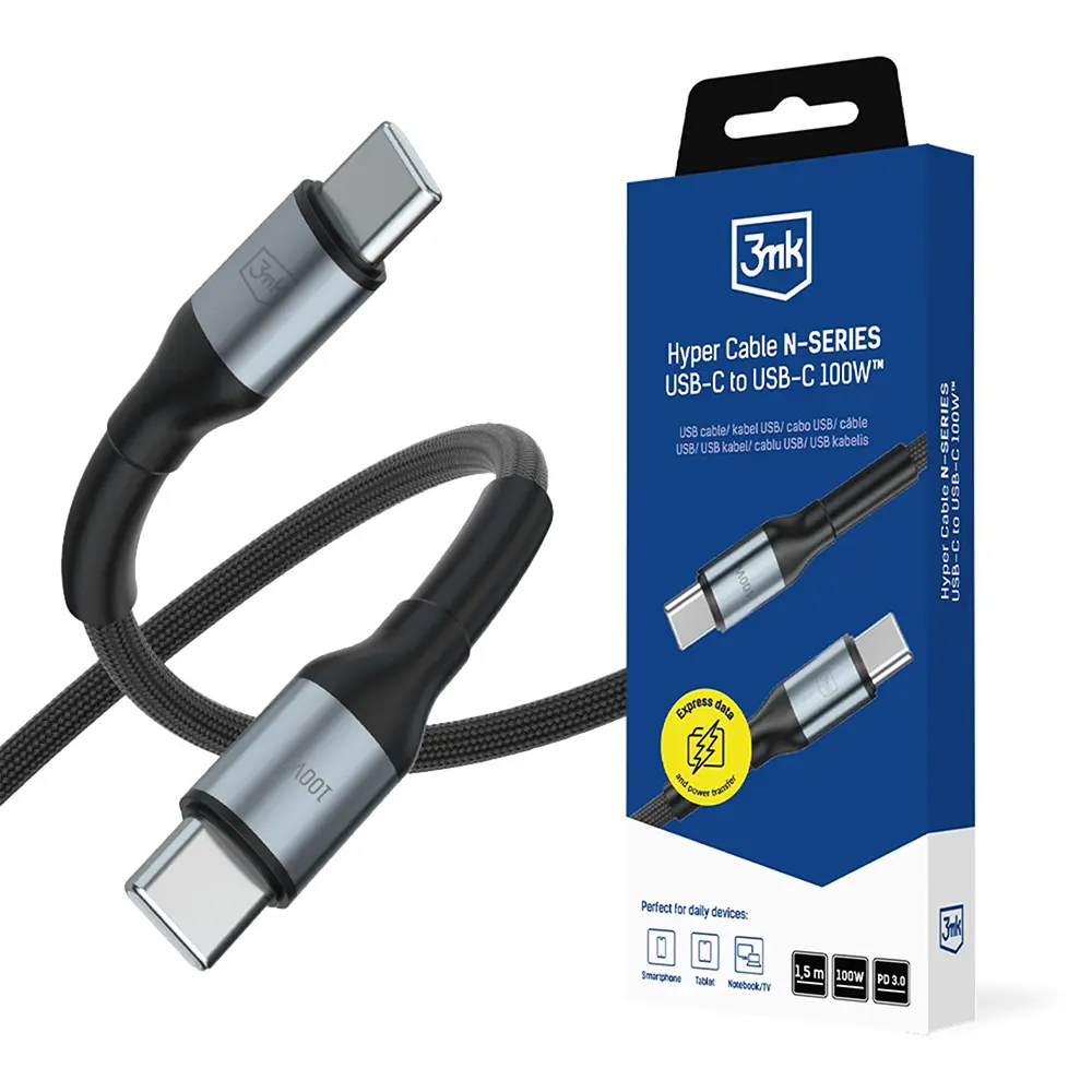 Datový kabel 3mk Hyper N-Series USB-C - USB-C 1,5m černý